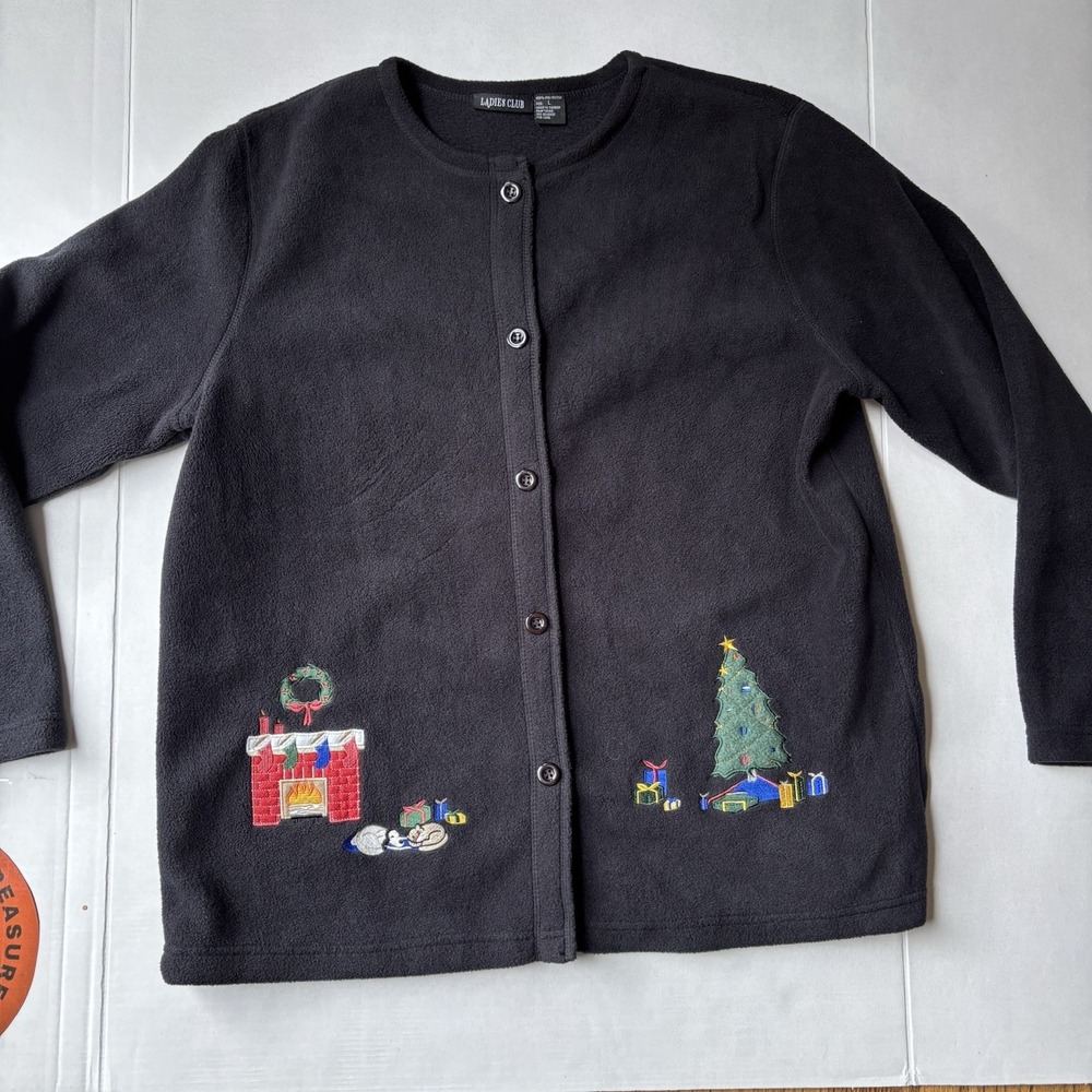 Ladies Club Christmas Holiday Fleece Cardigan‎ Black Sz Large Embroidered